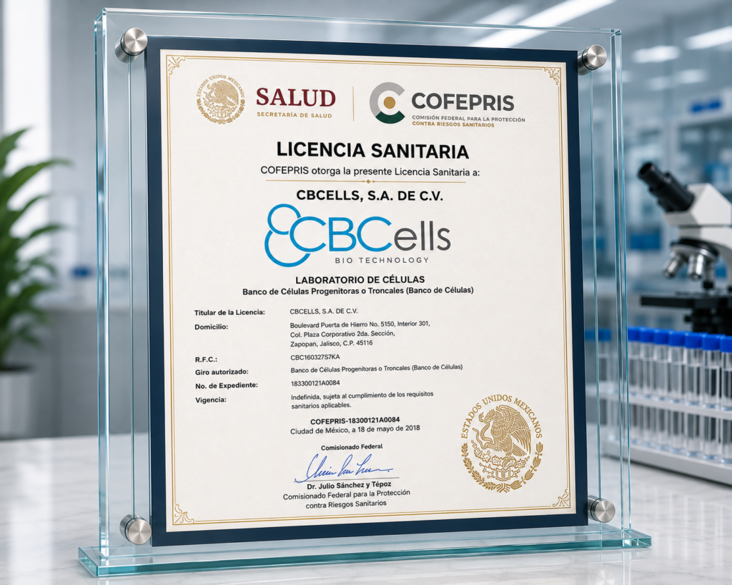 COFEPRIS sanitary license number 18 TR 14 120 0001 authorizing operation as a stem cell bank